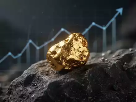 Ein glänzender Goldklumpen auf dunklem Fels, mit einer angedeuteten, aufwärts gerichteten Trendlinie im Hintergrund. - Foto: über boerse-global.de