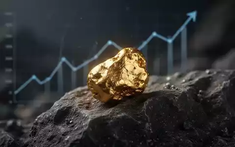 Ein glänzender Goldklumpen auf dunklem Fels, mit einer angedeuteten, aufwärts gerichteten Trendlinie im Hintergrund. - Foto: über boerse-global.de