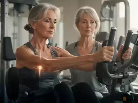 Eine Frau über 50 macht eine gelenkschonende Übung an einem Fitnessgerät, fokussiert und in einer ruhigen Umgebung. - Foto: über boerse-global.de
