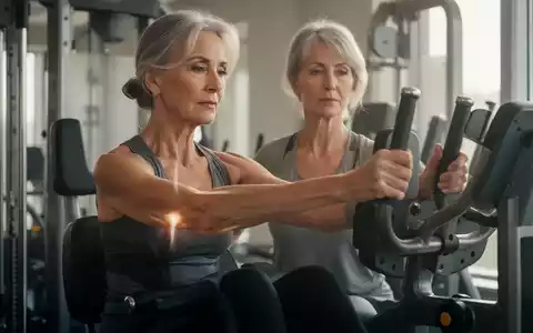 Eine Frau über 50 macht eine gelenkschonende Übung an einem Fitnessgerät, fokussiert und in einer ruhigen Umgebung. - Foto: über boerse-global.de
