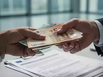 Hände tauschen Euro-Banknoten aus, im Hintergrund verschwommen ein Büro. Symbolisiert Finanztransaktionen und Verdienstgrenzen. - Foto: über boerse-global.de