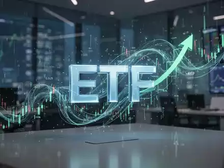 Abstrakte digitale Darstellung eines ETF mit fließenden Finanzdaten vor einem verschwommenen Bürohintergrund. - Foto: über boerse-global.de