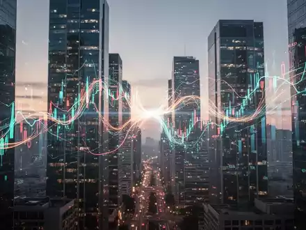 Digitaldarstellung von zwei sich vereinigenden Finanzdiagrammen vor einer modernen Skyline, symbolisiert eine Fusion. - Foto: über boerse-global.de