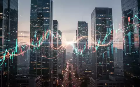 Digitaldarstellung von zwei sich vereinigenden Finanzdiagrammen vor einer modernen Skyline, symbolisiert eine Fusion. - Foto: über boerse-global.de