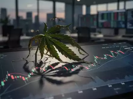 Ein leicht welkendes Cannabisblatt wirft einen Schatten auf einen roten Abwärtstrend-Chart auf einem Bildschirm in einem Finanzbüro. - Foto: über boerse-global.de