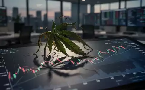 Ein leicht welkendes Cannabisblatt wirft einen Schatten auf einen roten Abwärtstrend-Chart auf einem Bildschirm in einem Finanzbüro. - Foto: über boerse-global.de