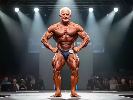 Ein muskulöser männlicher Bodybuilder über 60 posiert auf einer Bühne im Scheinwerferlicht, seine definierte Muskulatur wird hervorgehoben. - Foto: über boerse-global.de