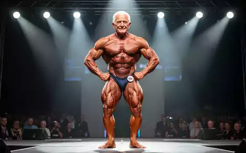 Ein muskulöser männlicher Bodybuilder über 60 posiert auf einer Bühne im Scheinwerferlicht, seine definierte Muskulatur wird hervorgehoben. - Foto: über boerse-global.de
