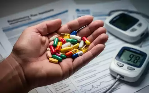 Nahaufnahme einer Hand, die bunte Vitamine und Mineralstoffe hält, mit verschwommenem medizinischem Hintergrund. - Foto: über boerse-global.de