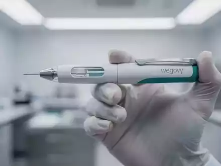 Eine Nahaufnahme eines modernen Wegovy-Injektionspens in einer Hand, mit einem verschwommenen medizinischen Labor im Hintergrund. - Foto: über boerse-global.de