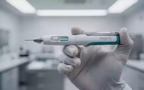Eine Nahaufnahme eines modernen Wegovy-Injektionspens in einer Hand, mit einem verschwommenen medizinischen Labor im Hintergrund. - Foto: über boerse-global.de