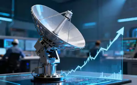 Eine moderne Satellitenschüssel zeigt zum Himmel, im Vordergrund ein digitaler Bildschirm mit einer steigenden Kursgrafik. - Foto: über boerse-global.de
