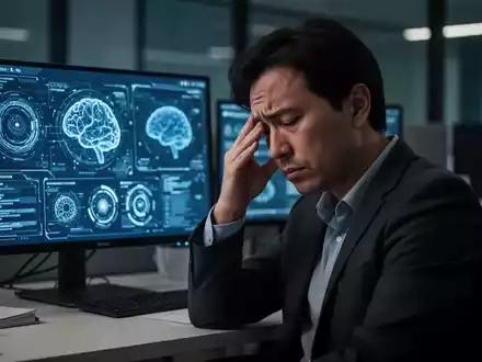 Eine Person mit müdem Gesichtsausdruck reibt sich die Schläfen vor einem Computerbildschirm, der KI-Schnittstellen anzeigt. - Foto: über boerse-global.de