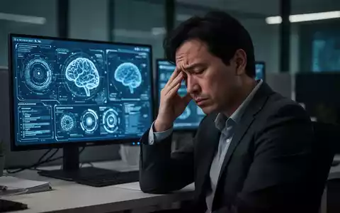 Eine Person mit müdem Gesichtsausdruck reibt sich die Schläfen vor einem Computerbildschirm, der KI-Schnittstellen anzeigt. - Foto: über boerse-global.de
