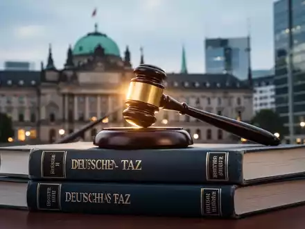 Ein stilisierter, beleuchteter richterlicher Hammer auf deutschen Steuerrechtsbüchern, mit dem Bonner Stadthaus im Hintergrund. - Foto: über boerse-global.de