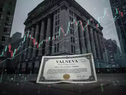 Ein Schatten auf einem Finanzgebäude mit Datenvisualisierungen und einer leicht unscharfen Valneva-Aktie im Vordergrund. - Foto: über boerse-global.de