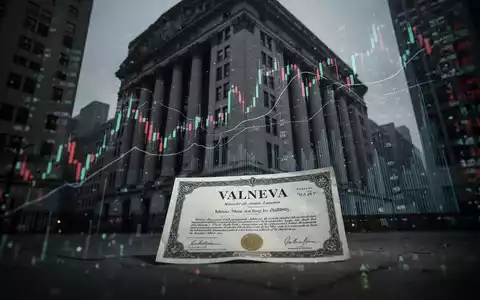 Ein Schatten auf einem Finanzgebäude mit Datenvisualisierungen und einer leicht unscharfen Valneva-Aktie im Vordergrund. - Foto: über boerse-global.de