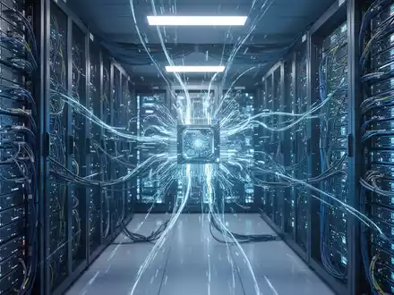 Nahaufnahme eines futuristischen KI-Rechenzentrums mit leuchtenden blauen Serverracks, die hohe Rechenleistung und Energieeffizienz symbolisieren. - Foto: über boerse-global.de