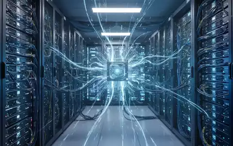 Nahaufnahme eines futuristischen KI-Rechenzentrums mit leuchtenden blauen Serverracks, die hohe Rechenleistung und Energieeffizienz symbolisieren. - Foto: über boerse-global.de