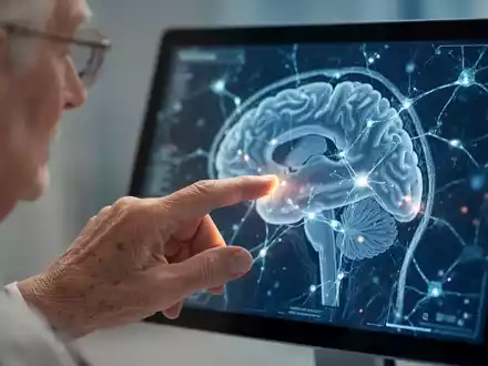 Eine ältere Hand berührt einen Bildschirm, der eine Gehirnaufnahme mit leuchtenden Neuronen zeigt, symbolisiert Demenzforschung. - Foto: über boerse-global.de