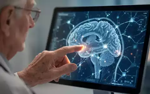 Eine ältere Hand berührt einen Bildschirm, der eine Gehirnaufnahme mit leuchtenden Neuronen zeigt, symbolisiert Demenzforschung. - Foto: über boerse-global.de