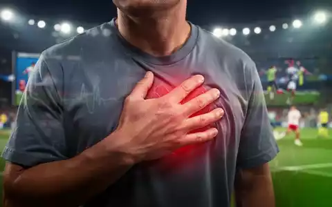 Eine Hand greift sich an die Brust, im unscharfen Hintergrund ein Fußballstadion, das Herz-Kreislauf-Belastung symbolisiert. - Foto: über boerse-global.de