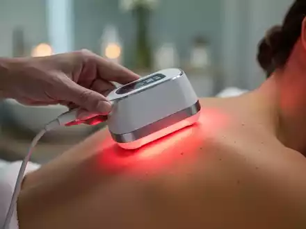 Eine Hand platziert ein modernes Infrarot-Therapiegerät, das ein sanftes rotes Licht auf eine Schulter abgibt, in einer ruhigen Umgebung. - Foto: über boerse-global.de
