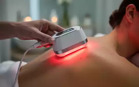 Eine Hand platziert ein modernes Infrarot-Therapiegerät, das ein sanftes rotes Licht auf eine Schulter abgibt, in einer ruhigen Umgebung. - Foto: über boerse-global.de