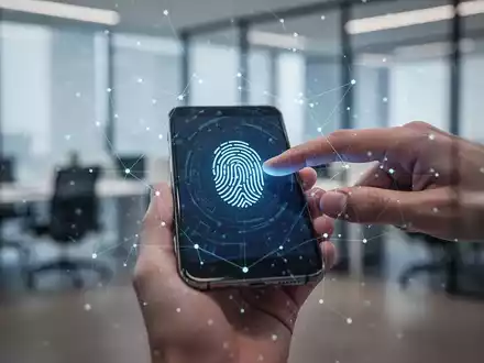 A close-up of a hand holding a smartphone displaying a fingerprint icon for biometric authentication, with digital security elements. - Foto: über boerse-global.de