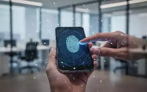 A close-up of a hand holding a smartphone displaying a fingerprint icon for biometric authentication, with digital security elements. - Foto: über boerse-global.de