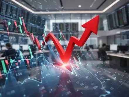 Ein roter Abwärtspfeil durchbricht einen Bildschirm mit Finanzdaten, im Hintergrund ein unscharfer Handelsraum. - Foto: über boerse-global.de