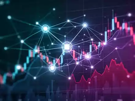 Ein abstraktes DeFi-Netzwerk mit leuchtenden Knoten und Linien, über einem unscharfen Diagramm, das einen starken Kursverlust zeigt. - Foto: über boerse-global.de