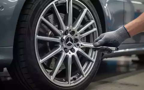 Nahaufnahme eines Mercedes-Benz Rads, an dem ein Mechaniker Radschrauben prüft. - Foto: über boerse-global.de