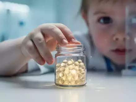 Eine Nahaufnahme der Hand eines Kleinkindes, die nach einem Glas mit Probiotika-Kapseln greift, im Hintergrund unscharf. - Foto: über boerse-global.de