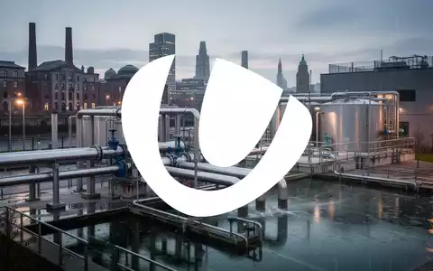 Eine moderne Wasseraufbereitungsanlage in Liverpool bei Regen, mit Rohren und Tanks vor der Stadtsilhouette. - Foto: über boerse-global.de