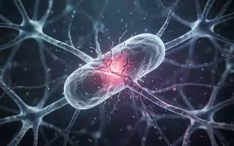 Abstrakte Darstellung von Gehirnzellen und Mitochondrien, die Energie erzeugen, mit einem angedeuteten Blockadeeffekt durch ein Enzym. - Foto: über boerse-global.de