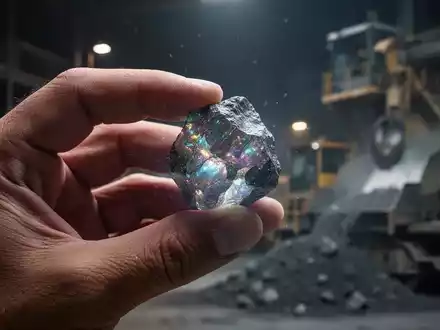 Nahaufnahme einer Hand, die ein poliertes Seltenerdmineral hält, vor einem unscharfen industriellen Hintergrund. - Foto: über boerse-global.de