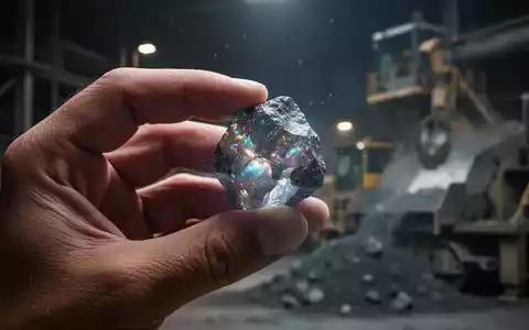 Nahaufnahme einer Hand, die ein poliertes Seltenerdmineral hält, vor einem unscharfen industriellen Hintergrund. - Foto: über boerse-global.de