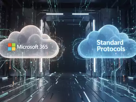 A digital gateway connecting two cloud environments, symbolizing the DavMail Exchange Gateway bridging Microsoft 365 and standard protocols. - Foto: über boerse-global.de
