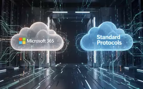 A digital gateway connecting two cloud environments, symbolizing the DavMail Exchange Gateway bridging Microsoft 365 and standard protocols. - Foto: über boerse-global.de