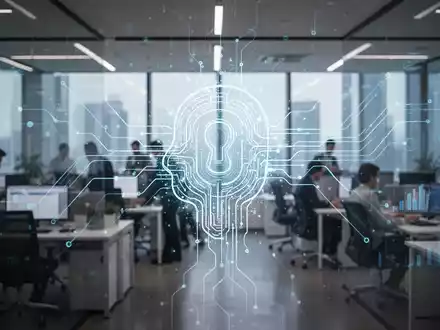 A glowing, abstract AI icon superimposed on a modern office desk with a laptop, symbolizing intelligent workflow automation. - Foto: über boerse-global.de