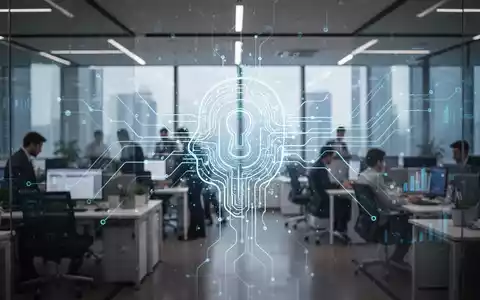 A glowing, abstract AI icon superimposed on a modern office desk with a laptop, symbolizing intelligent workflow automation. - Foto: über boerse-global.de