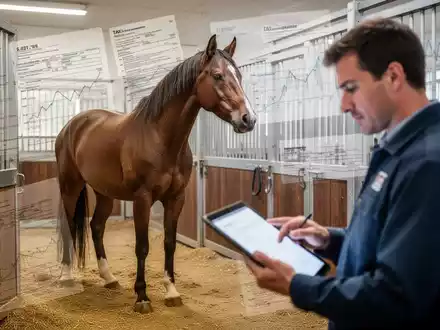 Ein majestätisches Pferd in einem modernen Stall, im Vordergrund unscharf eine Person, die Dokumente prüft. Symbolisiert die steuerlichen Herausforderungen für Landwirte bei der Pensionspferdehaltung. - Foto: über boerse-global.de