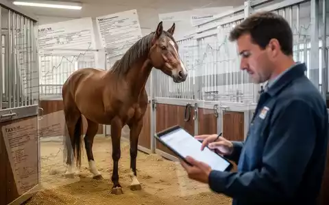 Ein majestätisches Pferd in einem modernen Stall, im Vordergrund unscharf eine Person, die Dokumente prüft. Symbolisiert die steuerlichen Herausforderungen für Landwirte bei der Pensionspferdehaltung. - Foto: über boerse-global.de