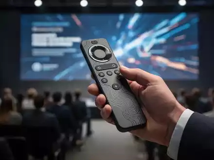 Eine Hand hält einen modernen Präsentations-Clicker mit haptischem Feedback, im Hintergrund eine verschwommene Präsentation und Publikum. - Foto: über boerse-global.de