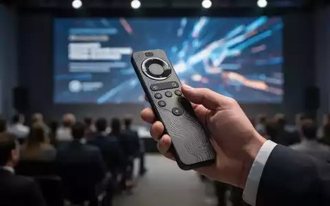 Eine Hand hält einen modernen Präsentations-Clicker mit haptischem Feedback, im Hintergrund eine verschwommene Präsentation und Publikum. - Foto: über boerse-global.de