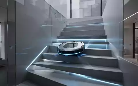 Ein futuristischer Roboterstaubsauger mit blauen Lichtakzenten fährt eine moderne Treppe in einem stilvollen Zuhause hinauf. - Foto: über boerse-global.de