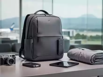 Ein eleganter, moderner Rucksack mit wenigen, hochwertigen Reiseutensilien auf einer minimalistischen Oberfläche. - Foto: über boerse-global.de