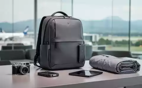 Ein eleganter, moderner Rucksack mit wenigen, hochwertigen Reiseutensilien auf einer minimalistischen Oberfläche. - Foto: über boerse-global.de