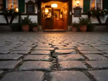 Ein deutlich sichtbarer Riss oder ein erhöhter Stein auf einem abgenutzten Kopfsteinpflasterweg vor einem deutschen Gasthaus. - Foto: über boerse-global.de